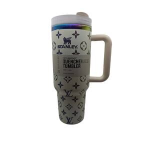 Stanley 40 oz White Tumbler – LV Inspired Pattern, Unique Design, Straw Included